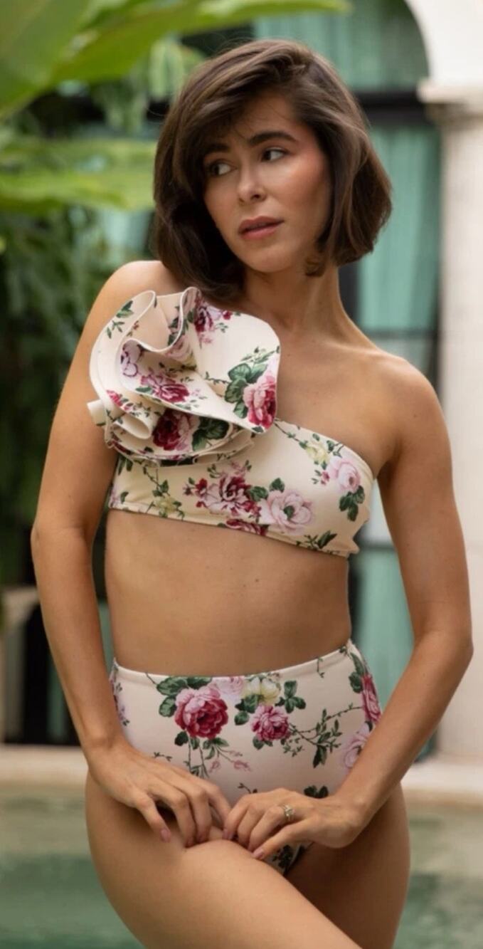 Anotonio Melani Style Bungalow Swimsuit Two Piece Bandeau Floral Cream L/XL NWT